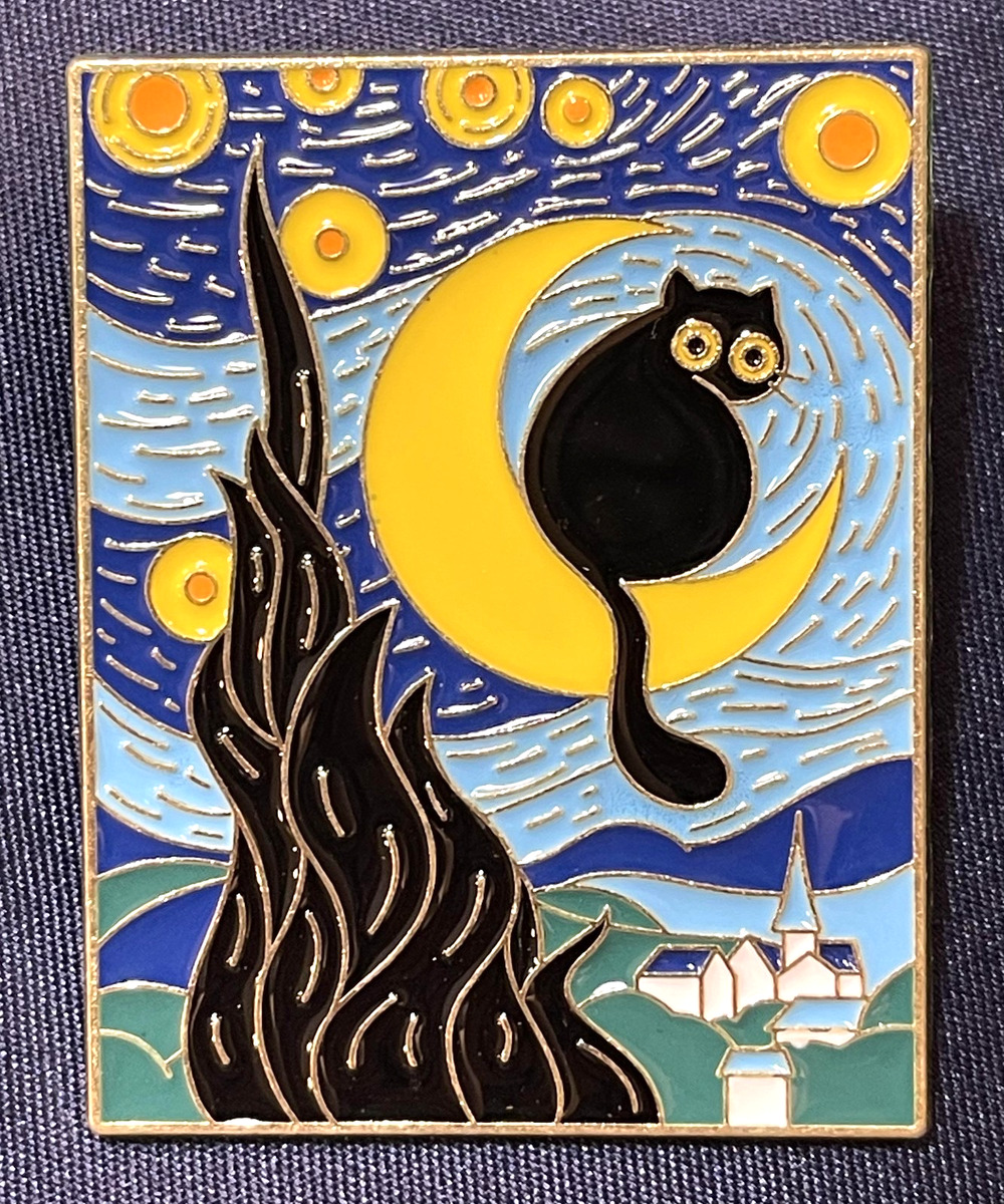 NWOT Black Cat on Moon Night Brooch Lapel Pin Enamel Art Celestial Van Gogh